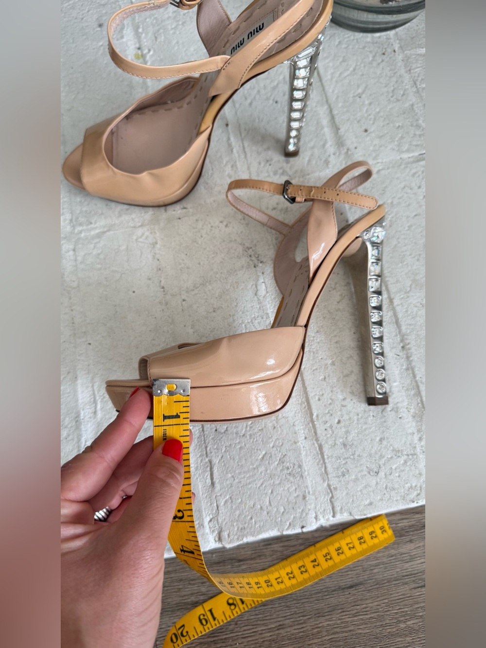 Miu Miu Crystal Heel Patent Leather Slingback Platform Sandals Nude EU 37 Y2K - Picture 13 of 13